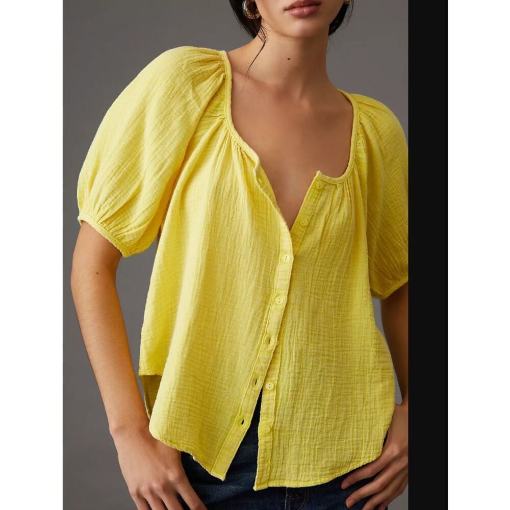 Anthropologie Pilcro Puff-Sleeve Gauze Cotton Blouse Womens Size XL Yellow
